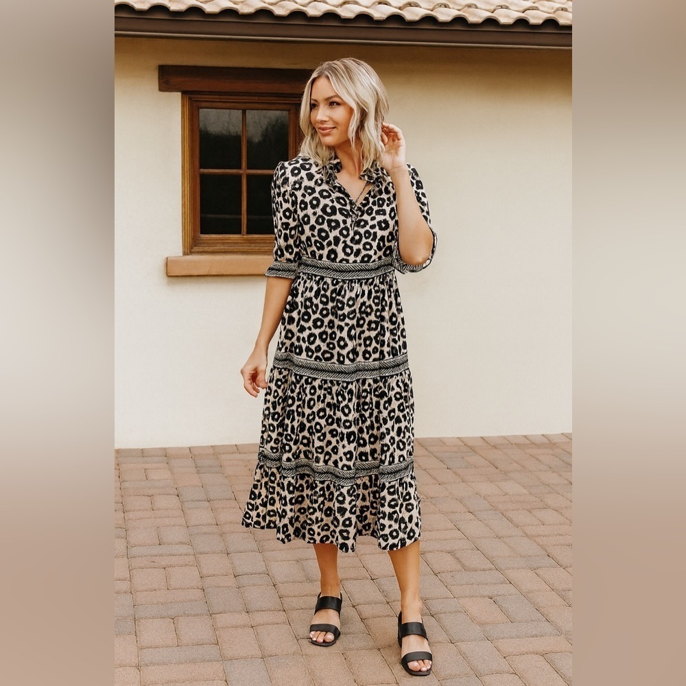 Gretchen Scott Animal Print Tiered Midi Dress Puff Sleeve Boho Safari Chic S